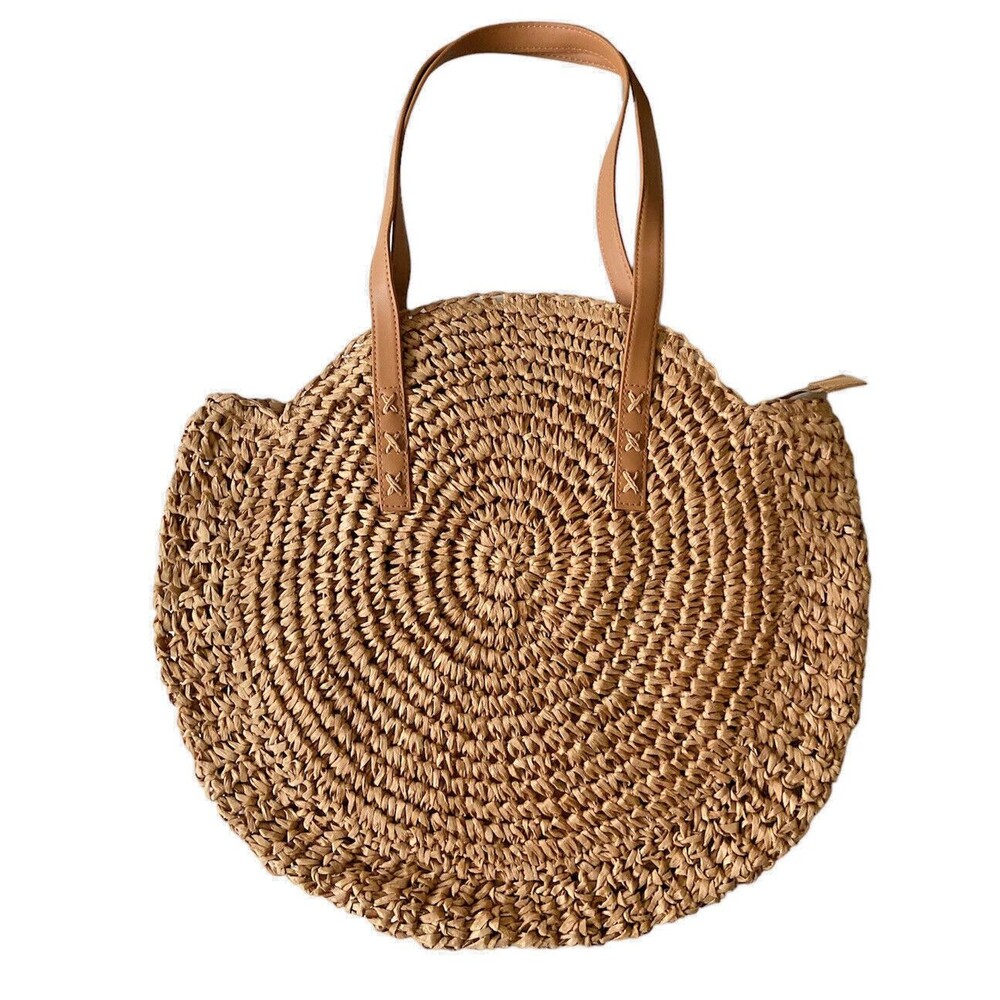 Brown Bohemian Bag Shoulder Tote Straw Round Rattan Bolsa Cafe